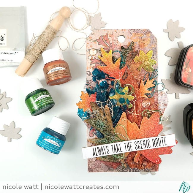 mixed media fall leaf tag featuring tsukinkeo and tim holtz products
