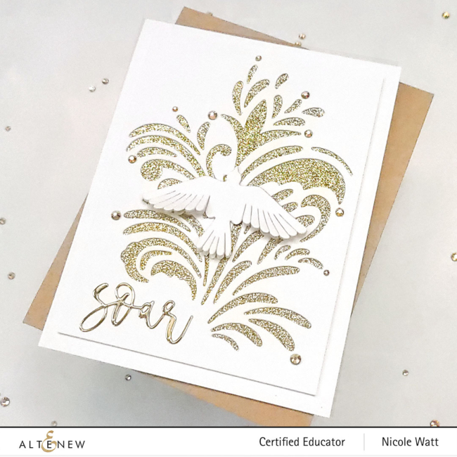 greeting card featuring Altnew swirly elements, feathered friends and soar die by Nicole Watt - Nicole Watt Creates (nicolewattcreates.com)