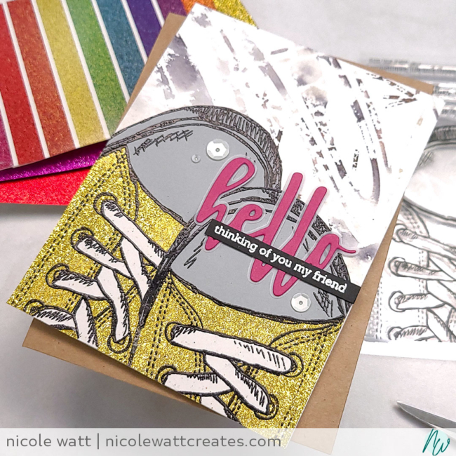 greeting card featuring Walk, Crawl, or Run by Picket Fence, ink smooshing, paper piecing, and embossing on glitter by Nicole Watt - Nicole Watt Creates (nicolewattcreates.com)