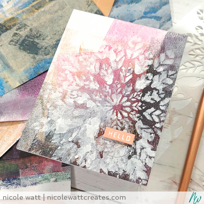 greeting card featuring gel press background leftovers, stencils and gouache, by Nicole Watt - Nicole Watt Creates (nicolewattcreates.com)