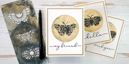 greeting card featuring gel press, liquitex acrylics, tcw monarch trio, and waffle flower sentiment additions by Nicole Watt - Nicole Watt Creates (nicolewattcreates.com)