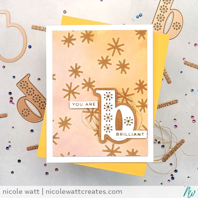 greeting card featuring spellbinders stitched alphabet and stitched alphabet glimmer descripters by Nicole Watt - Nicole Watt Creates (nicolewattcreates.com)