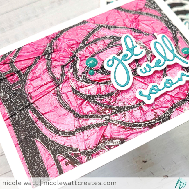 greeting card featuring gel press, liquitex acrylics, tcw stencil butter, A Colorful Life Designs big rose stencil, and Paper Rose Get Well die, by Nicole Watt - Nicole Watt Creates (nicolewattcreates.com)