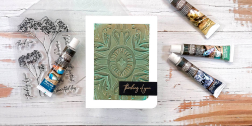 greeting card featuring Altenew Fantasy Emblem, Fragile Foliage, and Prima Finnabair Metallique Wax, by Nicole Watt - Nicole Watt Creates (nicolewattcreates.com)