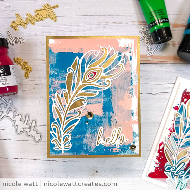 greeting card featuring Dreamy Feathers dies and Sweet Sentiments hot foil by Altenew, and Liquitex acrylics, by Nicole Watt - Nicole Watt Creates (nicolewattcreates.com)